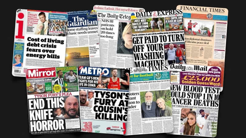  22 Ağustos Pazartesi: İngiltere gazetelerinden öne çıkan manşetler